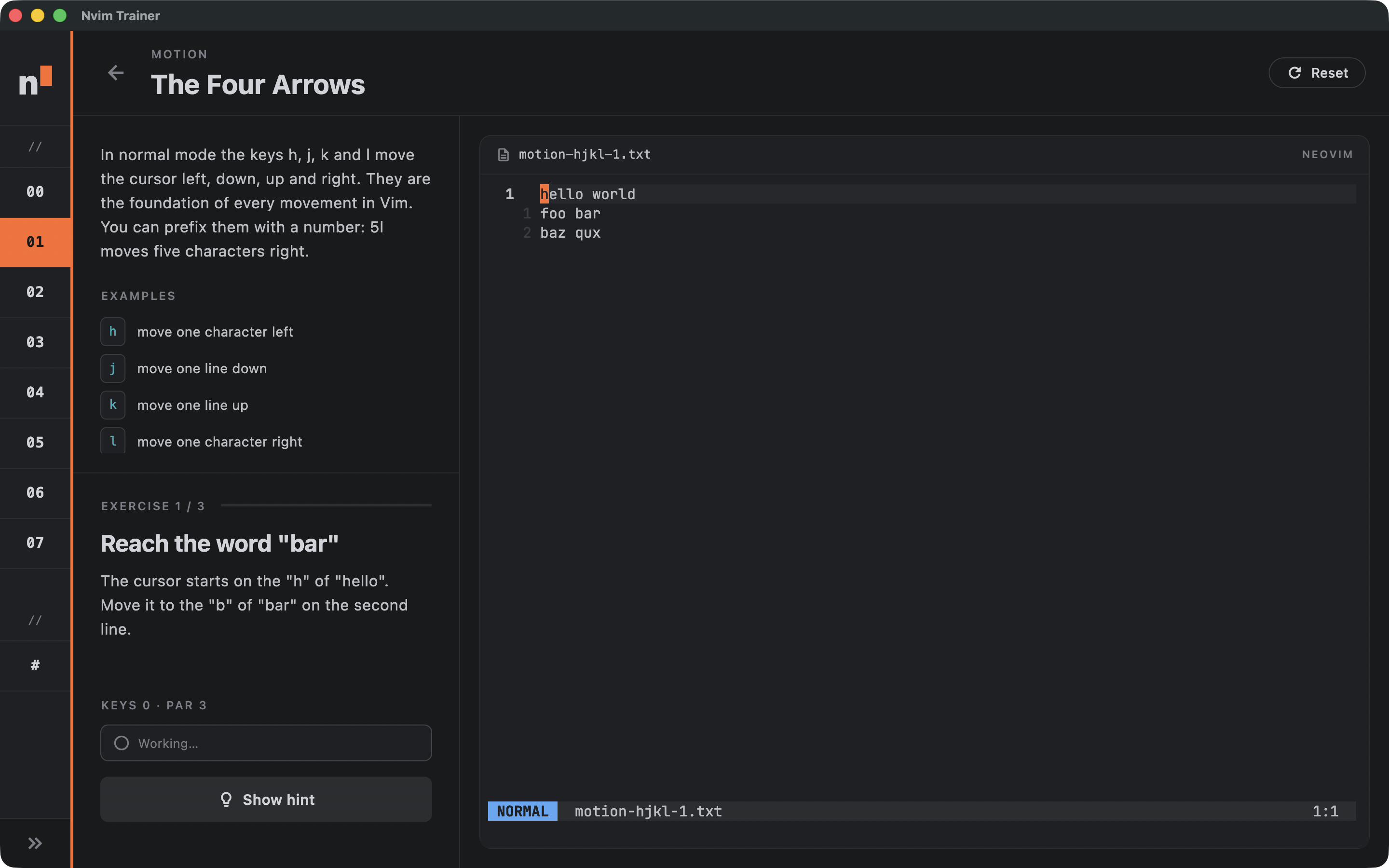Each exercise is a real Neovim session.